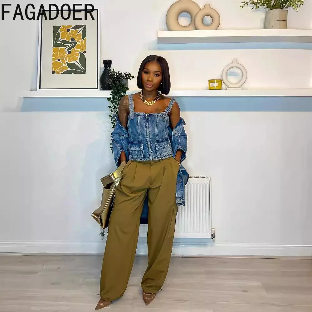 FAGADOER Blue Fashion Denim Side Hollow Out Jacket Coats Women Turndown Collar Button Pocket Loose Tops Female Cowboy Vests 2024