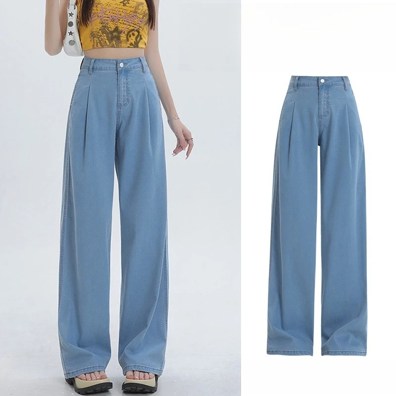 

Корейские офисные женские свободные универсальные джинсы с высокой талией, мешковатые женские джинсы Y2K, модные летние тонкие широкие брюки из лиоцелла, ледяного шелка