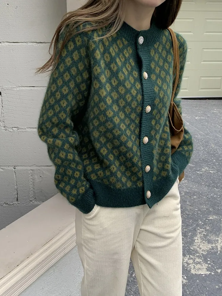 

Свободный вязаный кардиган, женский круглый свитер Ne, весенне-осенний клетчатый узор, бархатная верхняя одежда из искусственного медведя, удобная посадка