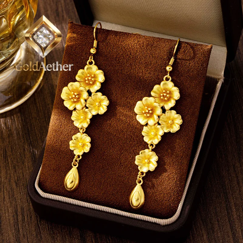 GoldNouveau Luxury 24K 9999 Pure Gold real gold Women's Flower Drops Tassel Ear Hook Earrings