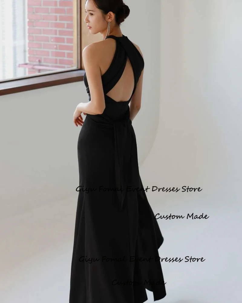 Giyu Simple Black Evening Dresses Korea Photoshoot Halter Floor Length Formal Wedding Soft Satin Prom Gowns Customized