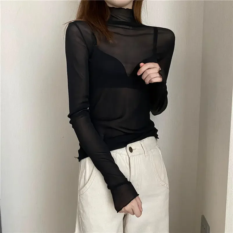 

New Women T Shirt See Through Transparent Mesh Tops Long Sleeve Sheer Slim Ladies Solid Turtleneck Silk T-Shirt Lace Crop Top