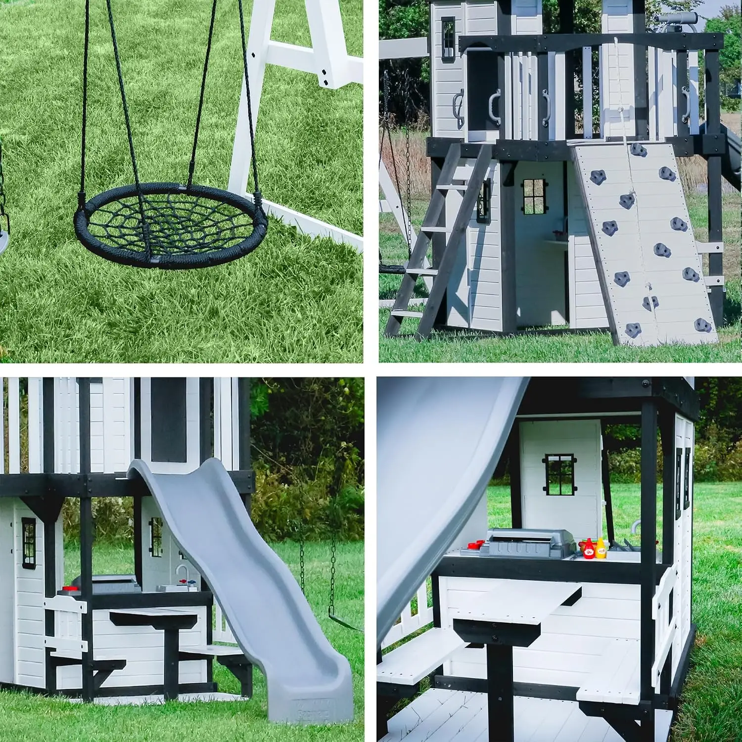 Canyon Creek White Cedar Wood Swing Set with Wave Slide, Clubhouse, Play Kitchen, Picnic Area, Belt Swings, Web Swing, Rock Wall