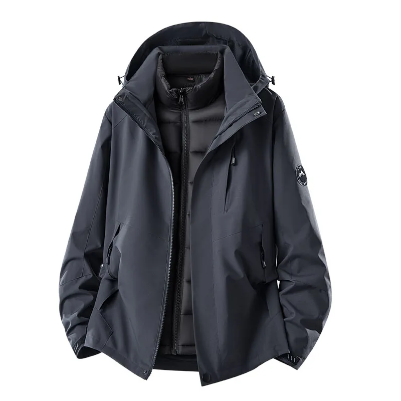Unisex 3-in-1 Kapuzenjacke mit abnehmbarem, gepolstertem Innenmantel, farblich abgesetzte, wasserdichte, winddichte Jacke mit Reißverschluss für Männer und Frauen zum Wandern und Camping. – Detail 7
