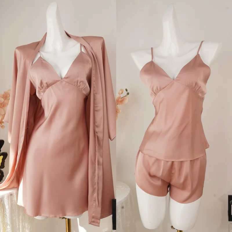 Ice Silk Pajamas Set Women 4PCS Bride Wedding Robe Nightgown Sexy Solid Color Satin Sleepwear Kimono Bathrobe Gown