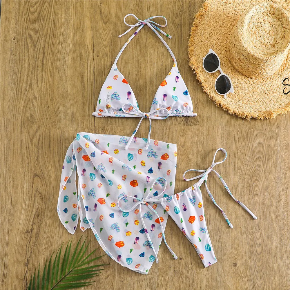 Girl Bikini Sets Sexy Printing Gemstone Print Triangle Micro Thong 3 Piece Swimwear Frenulum Halter Swimsuits Bathing Suit Beach