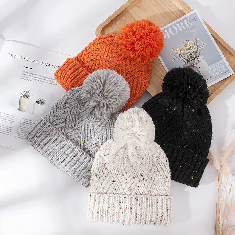 

New Winter Knitting Solid Color Hat for Women Fur Pompom Thick Plush Beanie Cap Ladies Warm Ski Snow Skullies Beanies