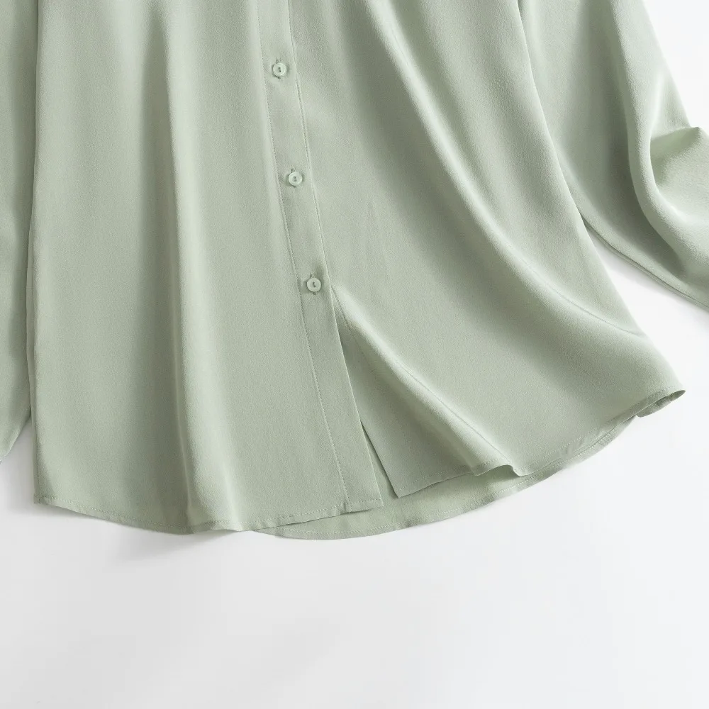Women's Fashion Clothing 23MM Heavy 100% Natural Mulberry Silk Crepe De Chine Lapel Grey Green OL Style Long Sleeve Office Shirt
