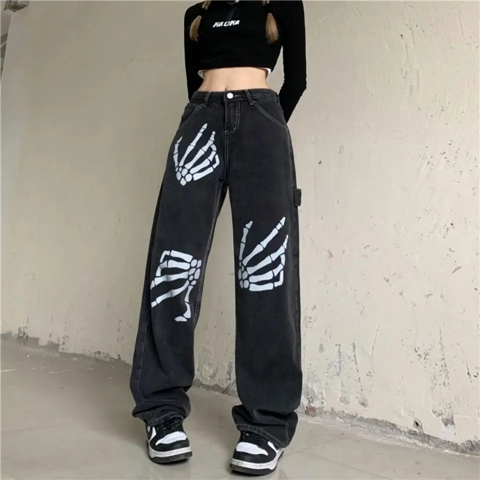 

Hiphop Streetwear Women Black Jeans Spring Autumn New Straight Pants Y2K Vintage Loose Oversize Print Casual Wide Leg Trousers