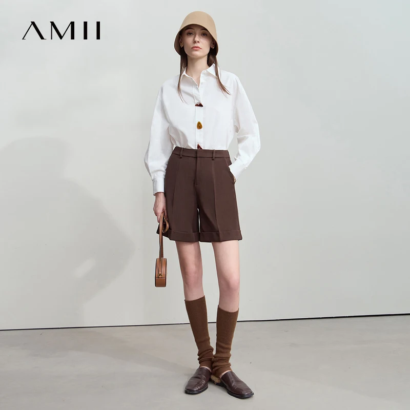AMII 2025 가을 셔츠 미니멀리즘 탑 100% 코튼 긴 소매 솔리드 셔츠 Office Lady Buttons 풀오버 블라우스 12523091