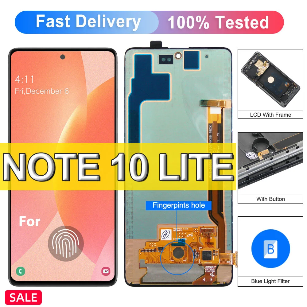 100% AMOLED Screen for Samsung Galaxy Note 10 Lite Lcd Display N770 N770F N770F/DS with Frame Digital Touch Screen Replacement