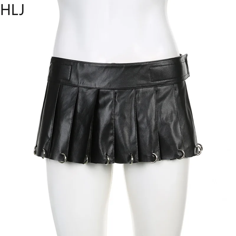 HLJ Black Punk Sexy Leather Pleated Mini Skirts Two Piece Set Women Hooded Backless Lace Up Crop Top And Skirts Nightclub Outfit