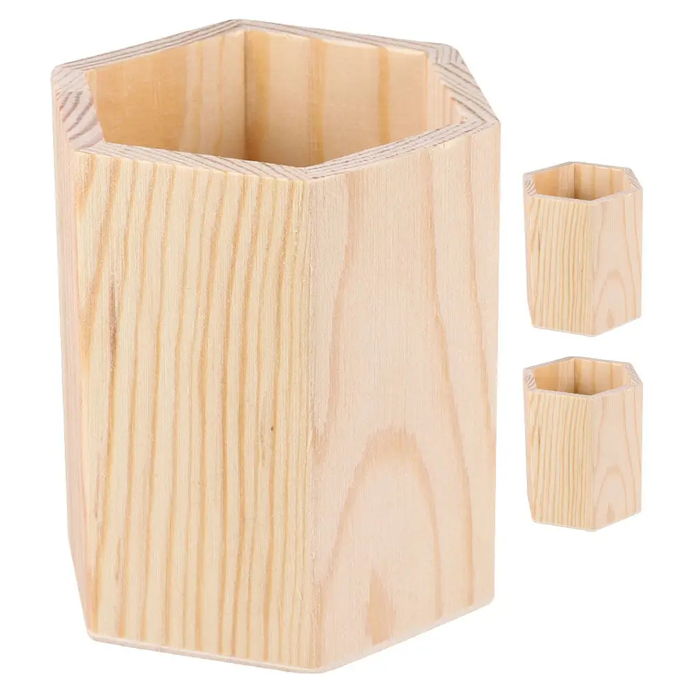 3Pcs Wooden Pen Storage Pot Unfinished DIY Blank Desktop Pencil Holder Tabletop Pen Cup for Office Home School Art Craft