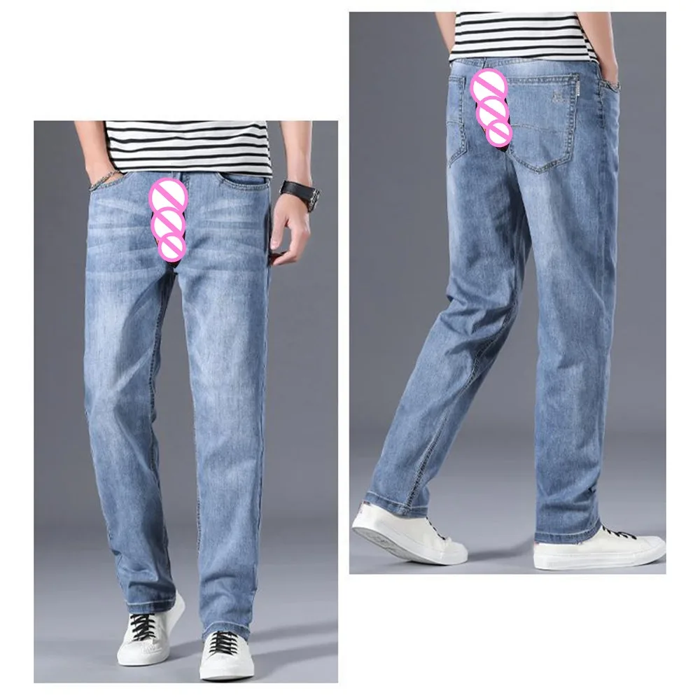 Calça jeans masculina de alta qualidade, virilha aberta invisível, sexo ao ar livre, verão, ajuste fino, calças retas, fina, versátil, simples e confortável