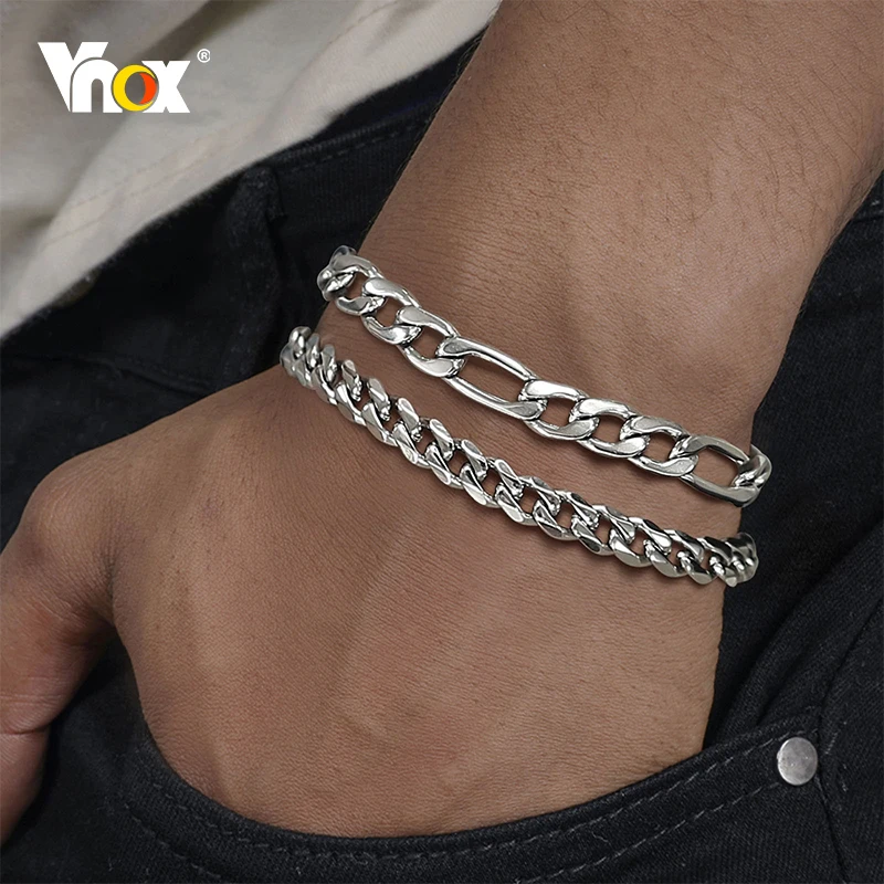 Vnox 1/2/3Pcs Cuban/Figaro/Wheat/Twist Rope Chain Bracelets Set for Men, Stainless Steel Metal Hypoallergenic Wristband Jewelry