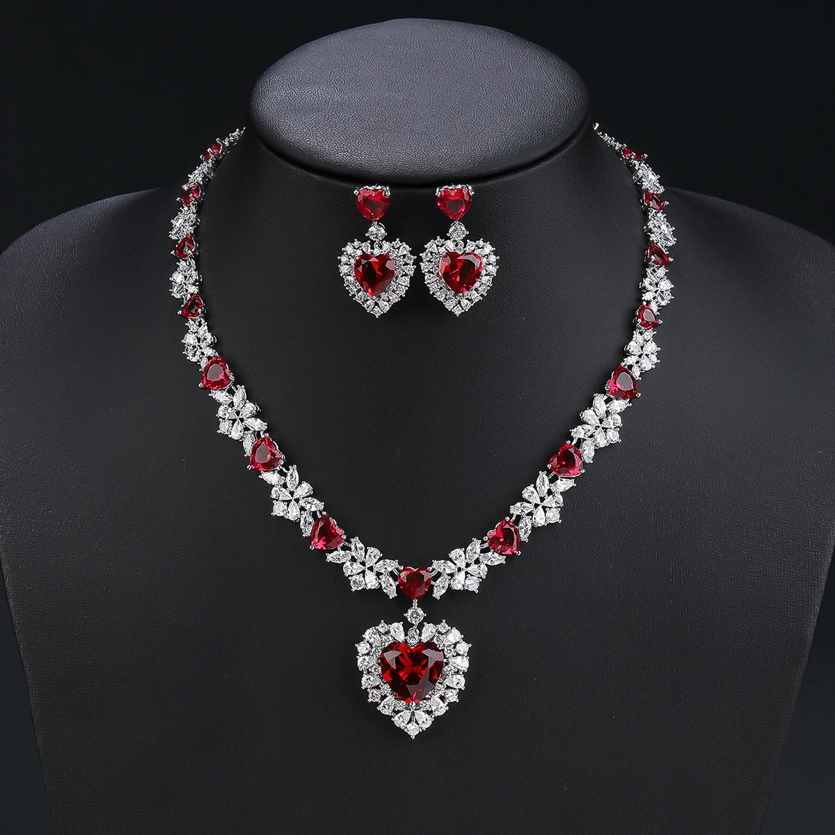 Luxury Water Drop Cubic Zirconia Heart Necklace Earrings Set Women Dubai Bridal High‑End Jewelry Set For Wedding Party Gift