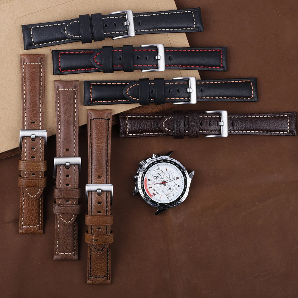 

20mm 22mm Genuine Leather Watchband Charm Leather Bracelet Sport Watch Strap Handmade Stitched Mens Wristwatches Band Belts