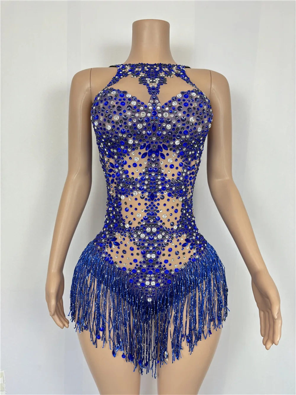 Sparkly Rhinestones Tassels Blue Bodysuit Women Sexy Mesh Stretch Nightclub Outfit Performance Dancer Stage Costume Party Gowns