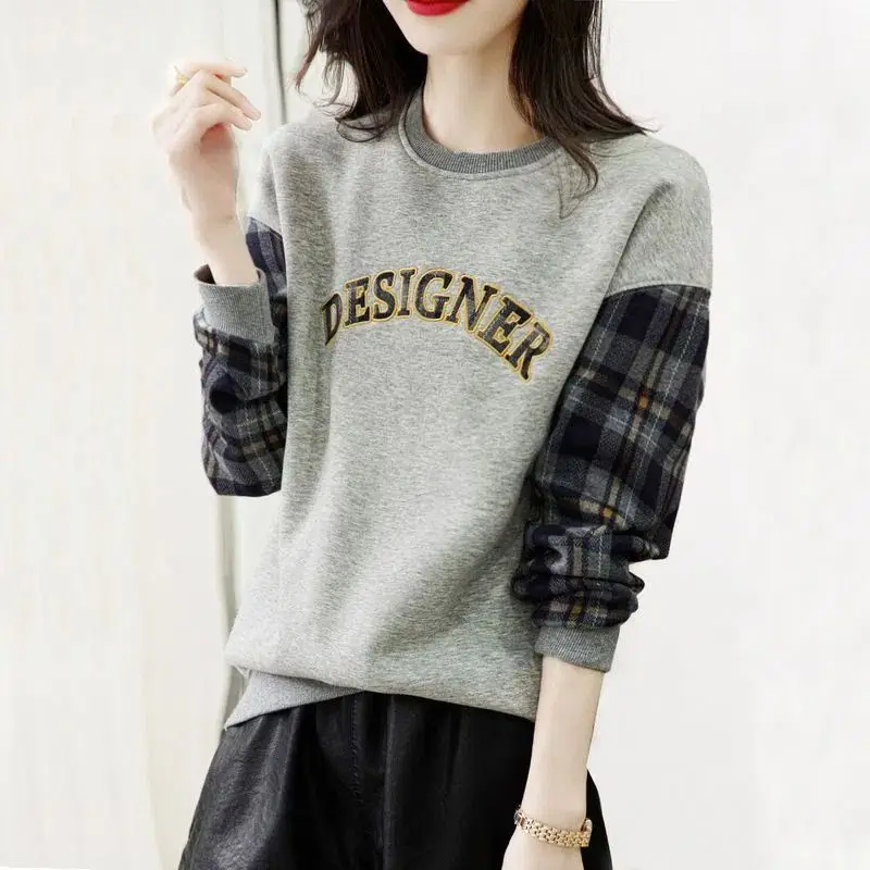 Plaid Patchwork Letter Round Neck Sweatshirts Women's Clothing Autumn Winter Long Sleeve Loose Pullovers Commute Standard Tops