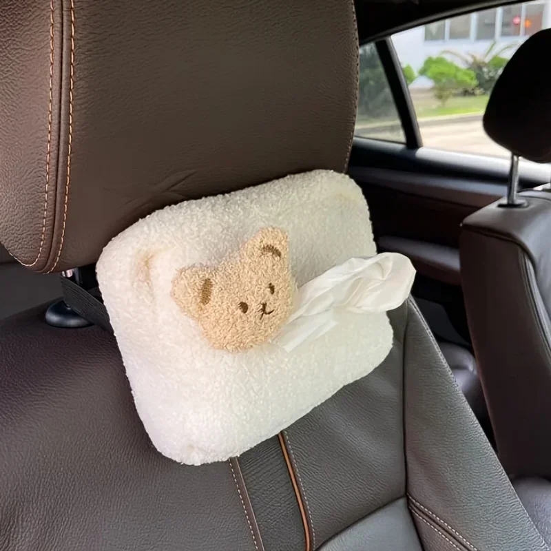 Caja de pañuelos de coche de felpa de oso lindo, diseño cuadrado suave portátil para una fácil recarga y encanto estético, accesorios interiores de coche