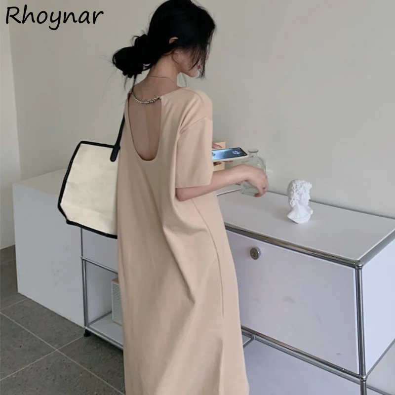 

Midi Dress Women Backless Solid Design Spring O-neck Loose Fashion French Style Tender Vestidos Daily Aesthetic Popular Ladies