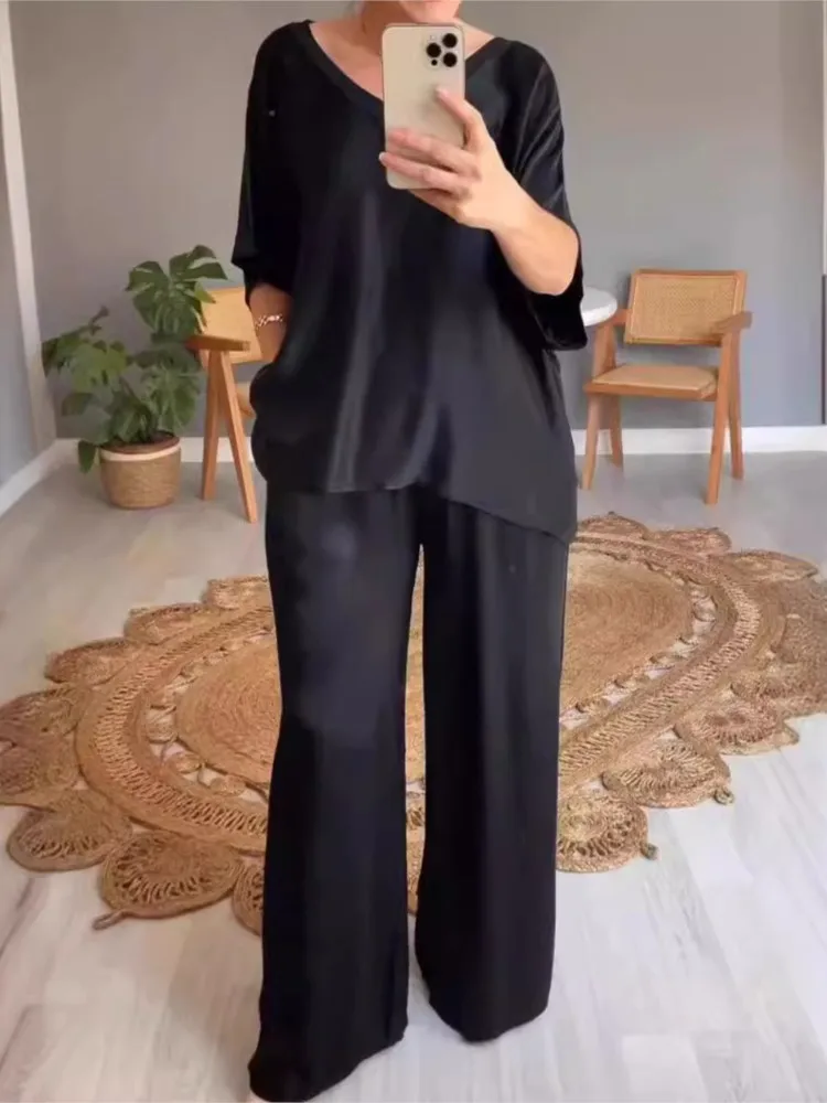 Women\'s Oversized Satin Suit, Black V-neck Top, Long Pants, Women Loose Fitting 2 Piece Set, 2024 Women\'s Fashion Casual Wear