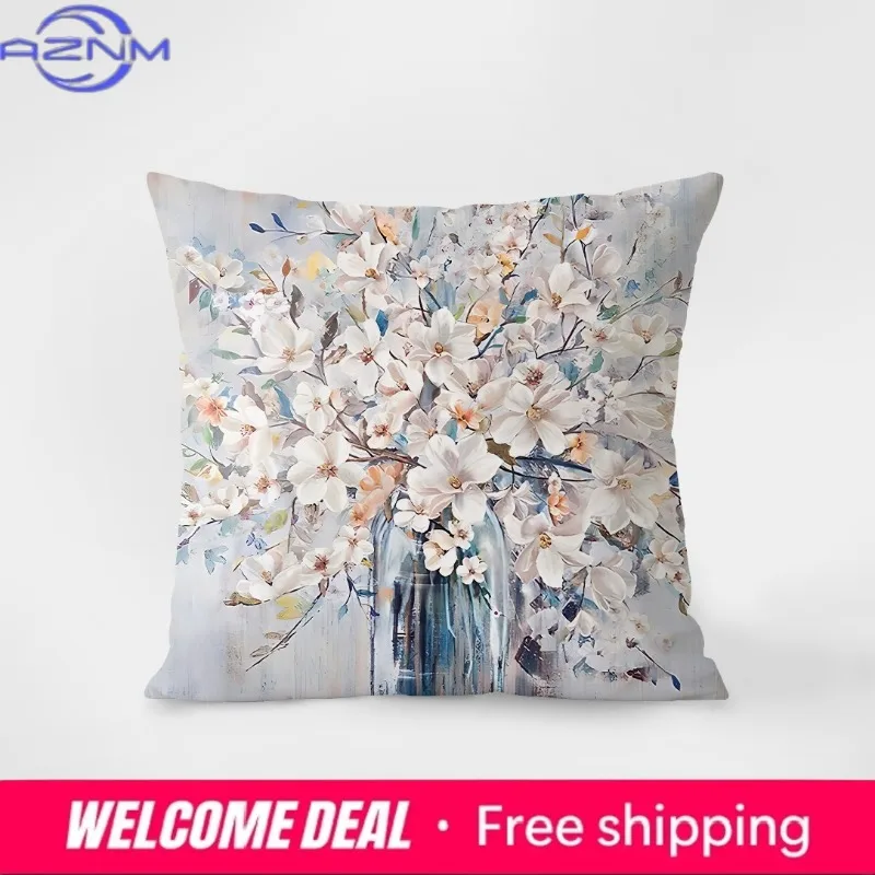 Oil Painting Style Vase Decorative Pillowcase Bedroom Living Room Square Cushion Pillowcase