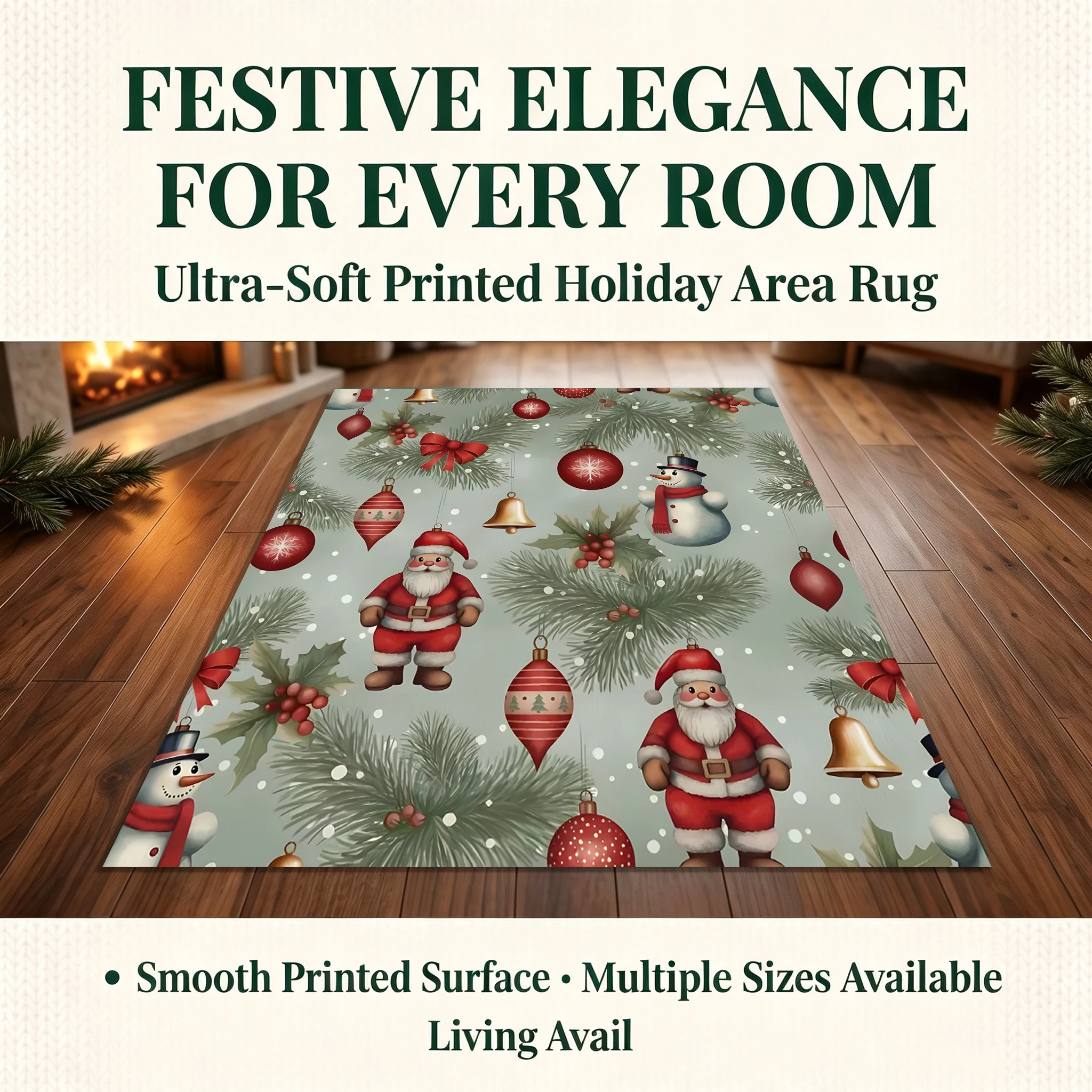Velvet Rug Santa Claus Snowman Pine Branch Ornament Retro Cozy Style for Entryway Bedroom Living Room Home Decor