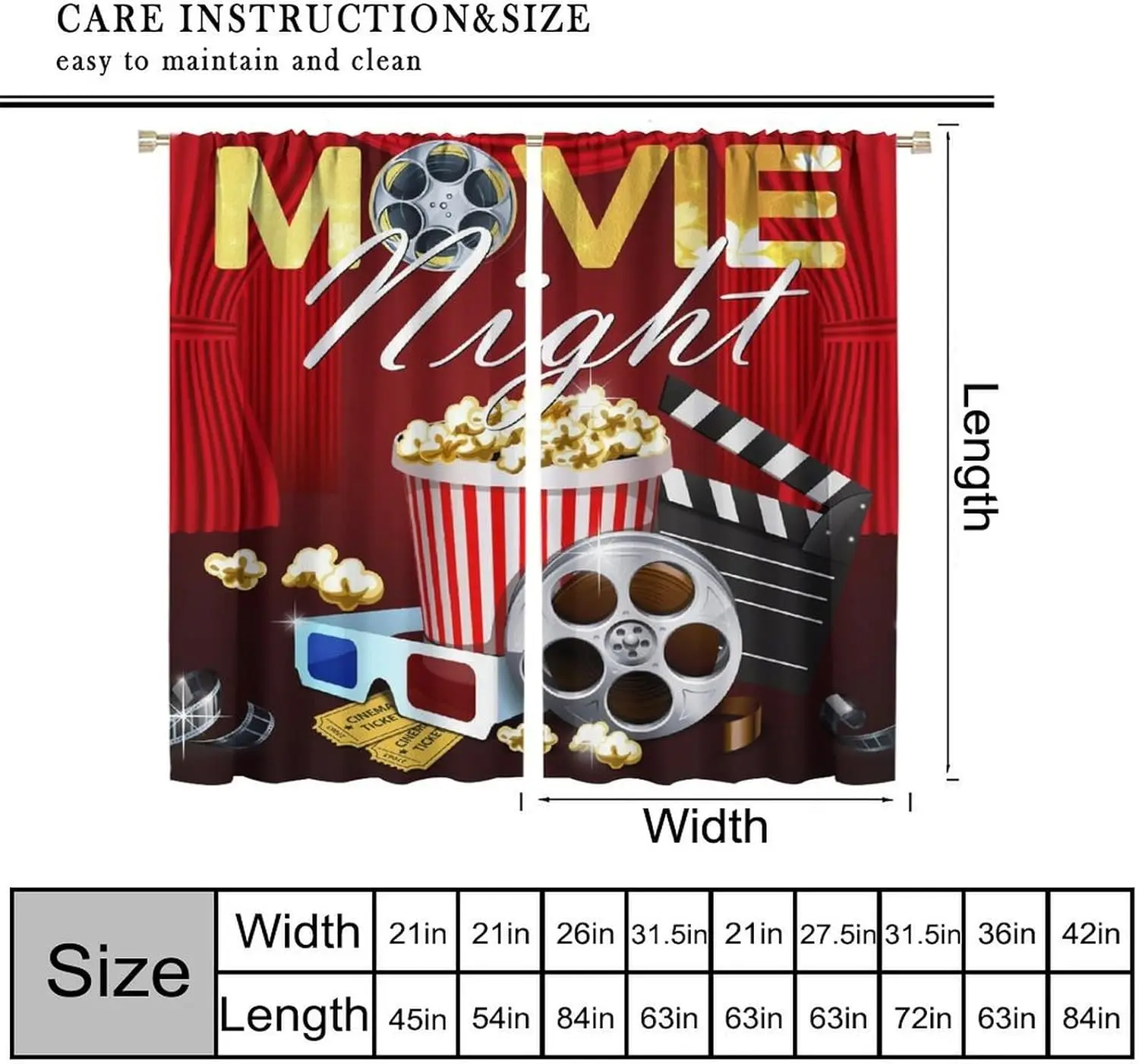 Movie Theater Curtains, Vintage Home Cinema Video Film Art Printed Blackout Window Drapes for Office and Living Room
