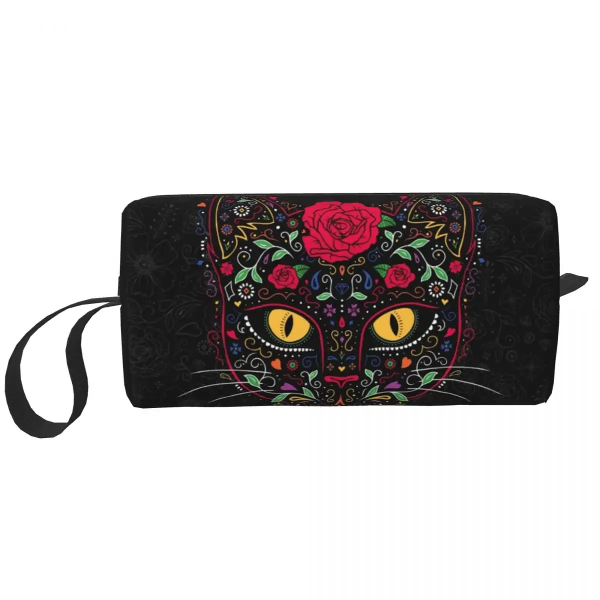 Day Of The Dead Kitten Cat Sugar Skull Travel Toiletry Bag Mexican Halloween Floral Makeup Cosmetic Bag Beauty Storage Dopp Kit