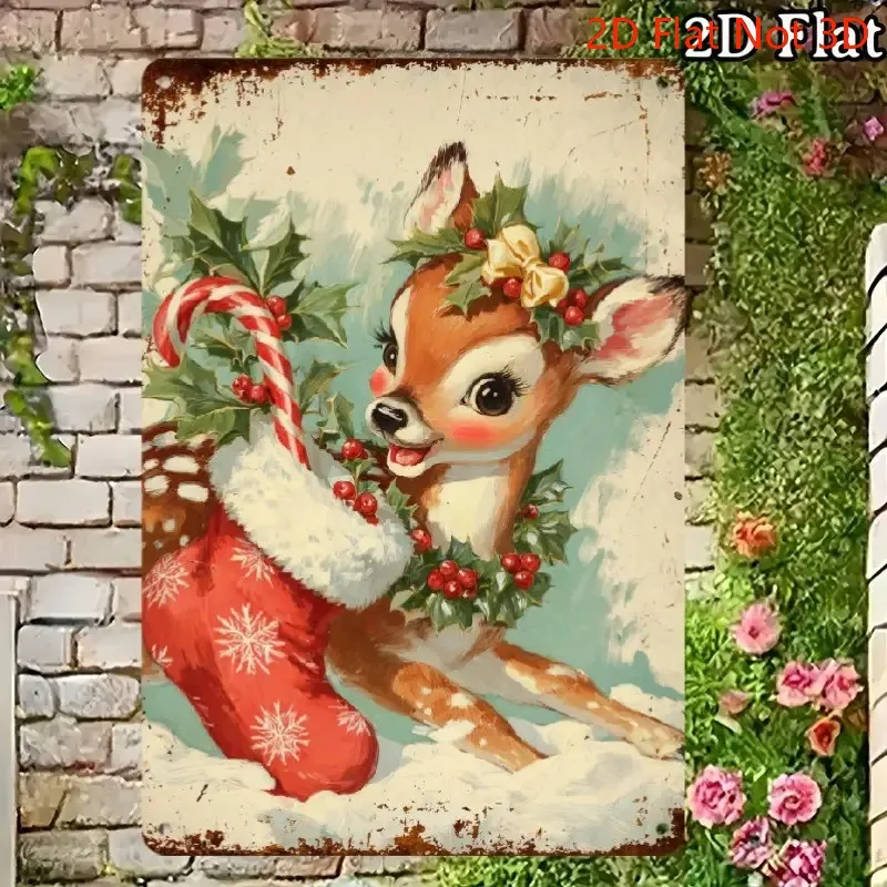 [2D Flat] Vintage 1950S Retro Metal Iron Sign Featuring a Christmas Deer with Candy Canes And Holly Designed in Mid Century Red