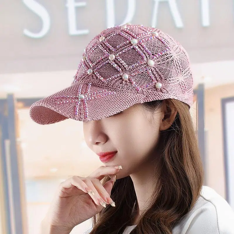 Summer Women's Mesh Ventilate Baseball Cap Breathable Knit Hat Fashion Pearl Rhinestone Check Pattern Visors Adjustable Sun Hat