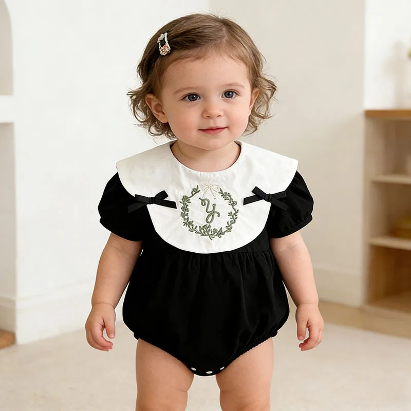 

Одежда для маленьких девочек, комбинезоны, комбинезон с вышитым воротником в виде банта-бабочки, штаны-шаровары с короткими рукавами, комплект для ползания малышей