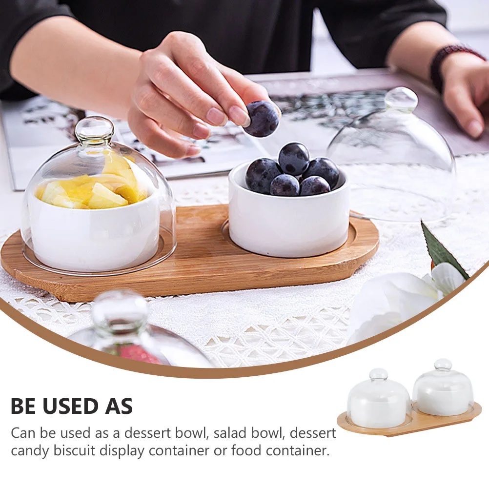 

1Set Ceramic Salad Bowl Dessert Plate White with Glass Lid Wooden Tray Household Tableware for Kitchen Supplies Serving