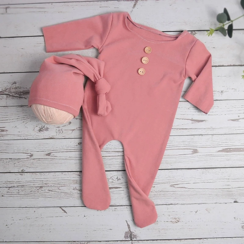 

2Pcs/Set Newborn Baby Long Romper Jumpsuit with Knotted Hat Buttons Solid Color Infant Coverall Photo Prop Outfits Dropship