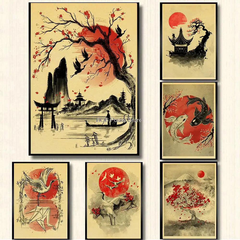 Classic Japanese Art Red Sun Landscape Silhouette Anime Geisha Koi Cat Kraft Poster Decoration Home Room Picture Wall Sticker