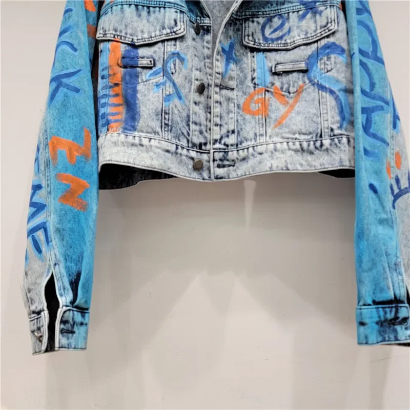 

Spring Autumn New Hand-painted Graffiti Letter Printing Short Denim Jacket Women Casual Loose Lapel Long Sleeve Cowboy Outerwear