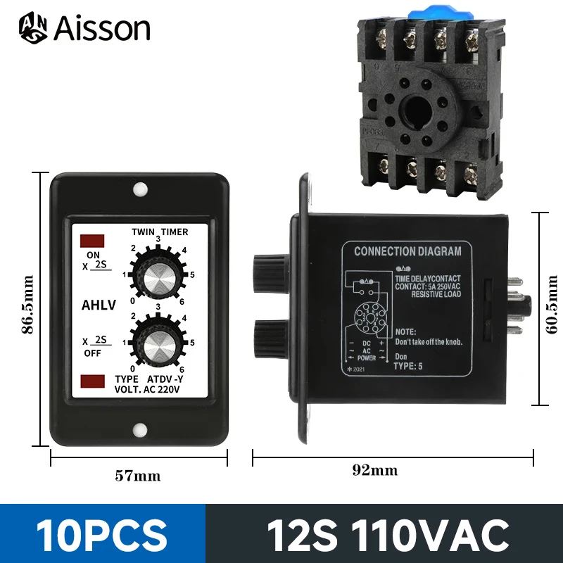 

10PCS ATDV-Y 12S AC110V Dual Time Relay Adjustable Repeat Cycle Timer ON OFF Twin Timer With Socket Base