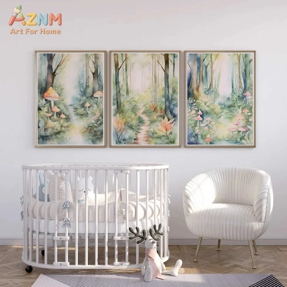 AZNM 3Pcs Watercolor Forest Mushroom Canvas Wall Art, Cartoon Jungle Plant Print Frameless Canvas Painting, Soft Pastel Nursery
