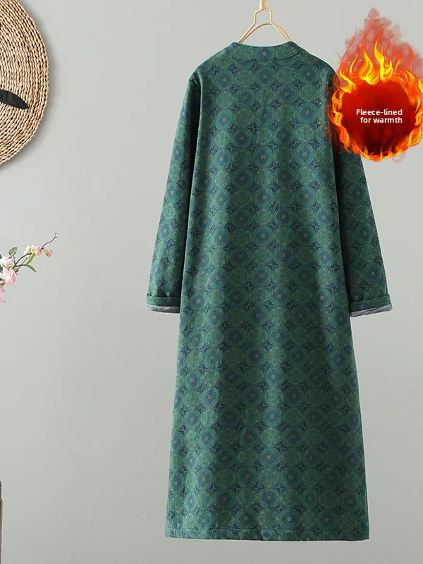 Retro Print Linen Fce Dr Large Size Women's 2025 Long Slimming Thiened Improved Skirt Warm Long Sve