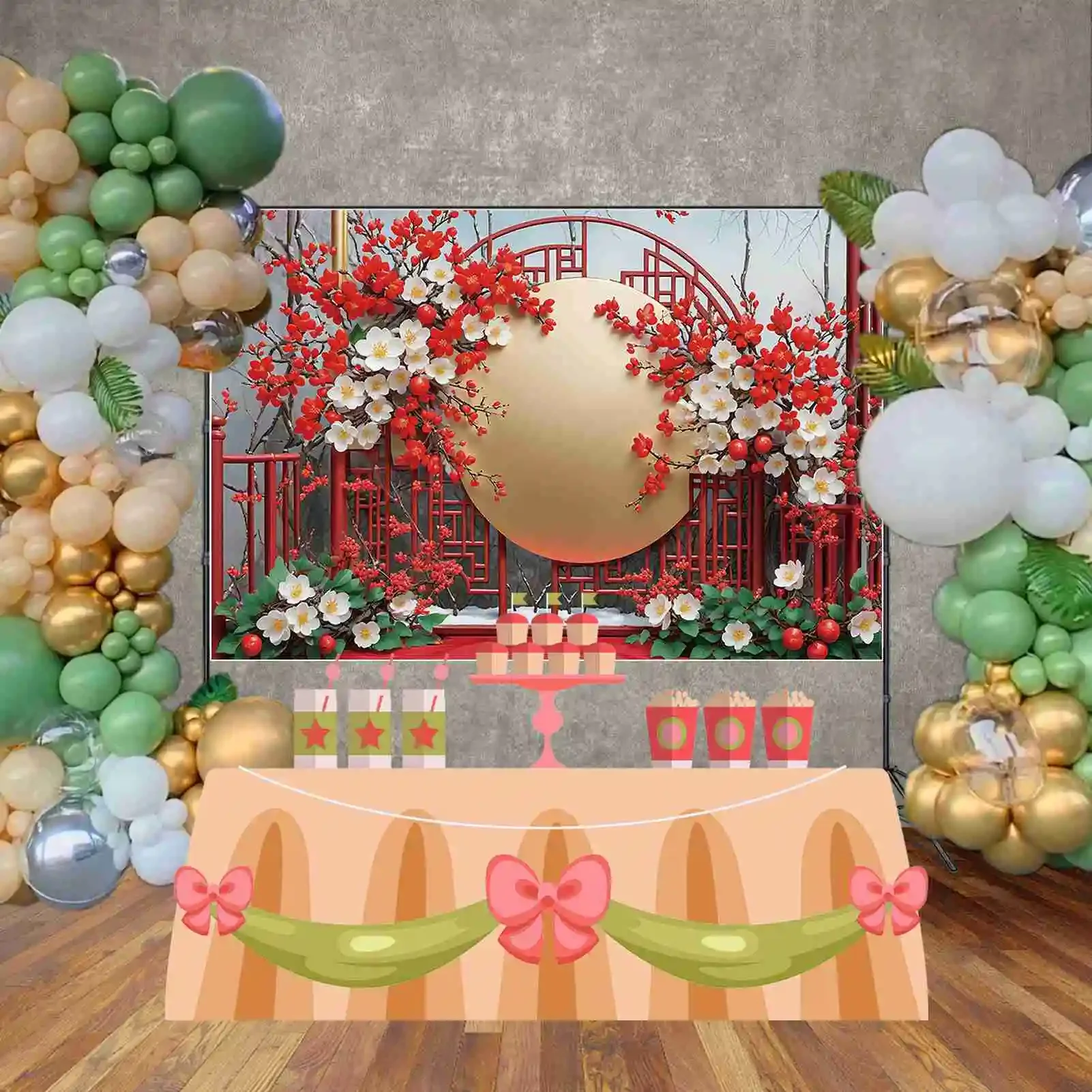 Moon.qg-写真の背景、中国の旧正月、小道具、ランタンプラムの花、写真の背景、ベビースタジオ、フォトゾーン用品、赤、ファン