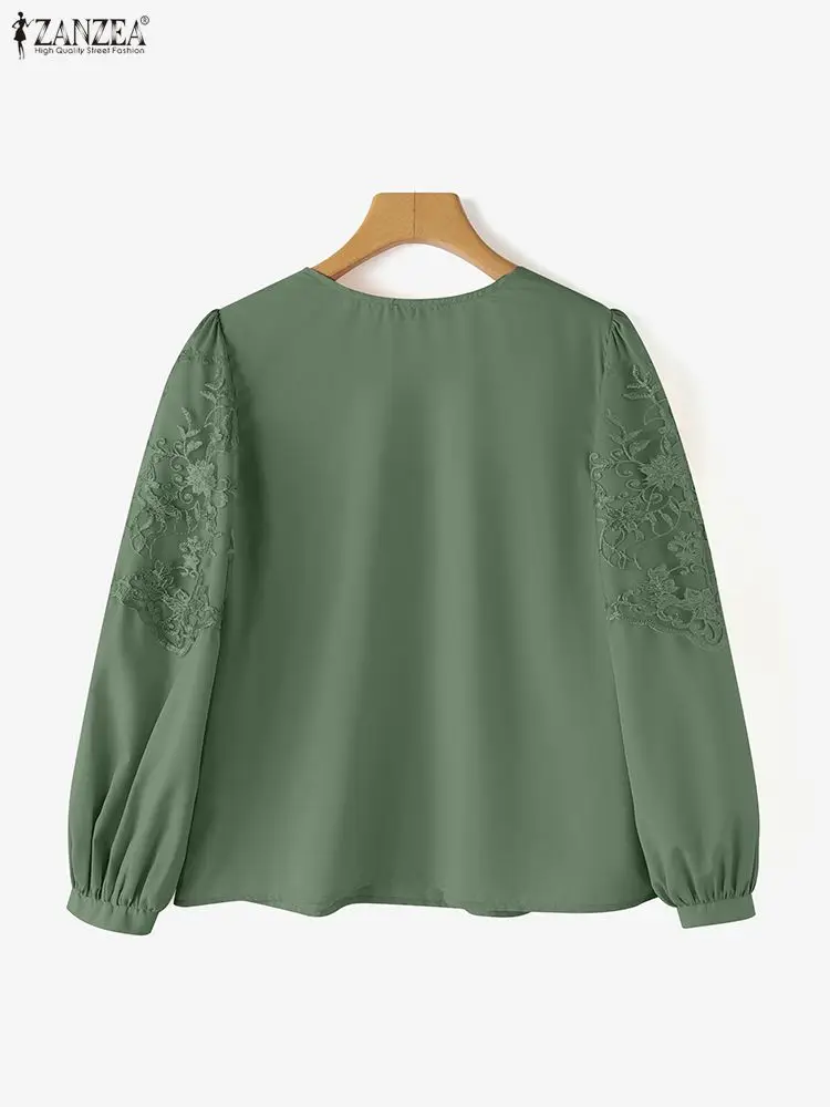 Koszule Jesienne ZANZEA Elegancka Bluzka Koronkowa Damska Patchworkowa Casualowa Moda 2025 Tunika z Falbankami Długi Rękaw Vintage Bluzki Damskie