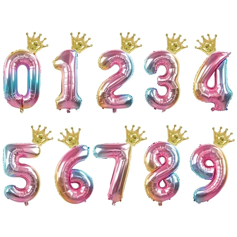 

2PCS/SET 32 Inch Rainbow Gradient Number Foil Balloons With Crown 0-9 Numbers Birthday Wedding Party Decor Baby Shower Supplies