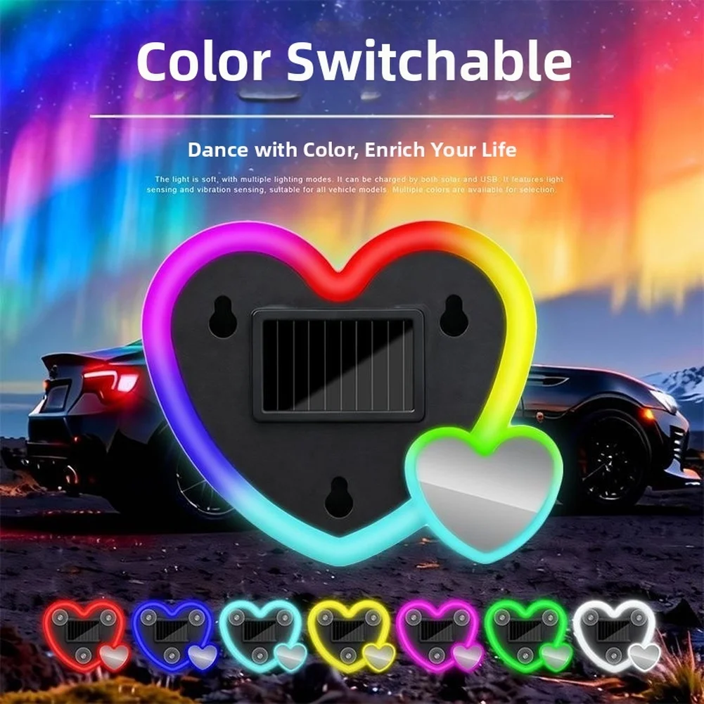 

Solar Powered Car LED Heart Shape Ambient Light Wireless Neon Decoration with USB Charging and Light Sensory Activation