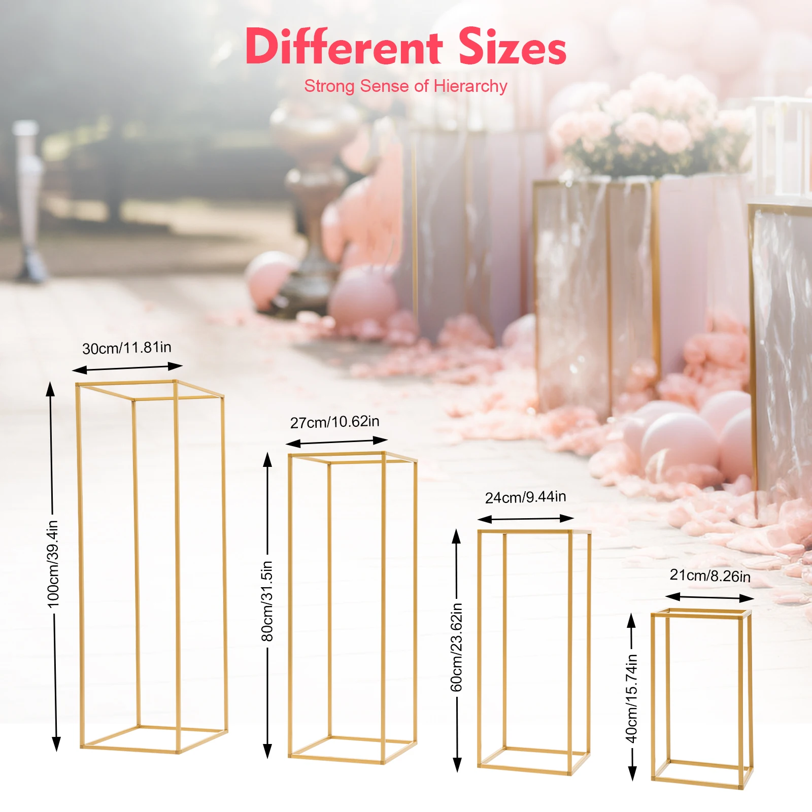 4Pcs Metal Geometric Column Flower Rack 15.74/23.62/31.49/39.37inch Tall Gold Wedding Flower Stand for Wedding Party Decor