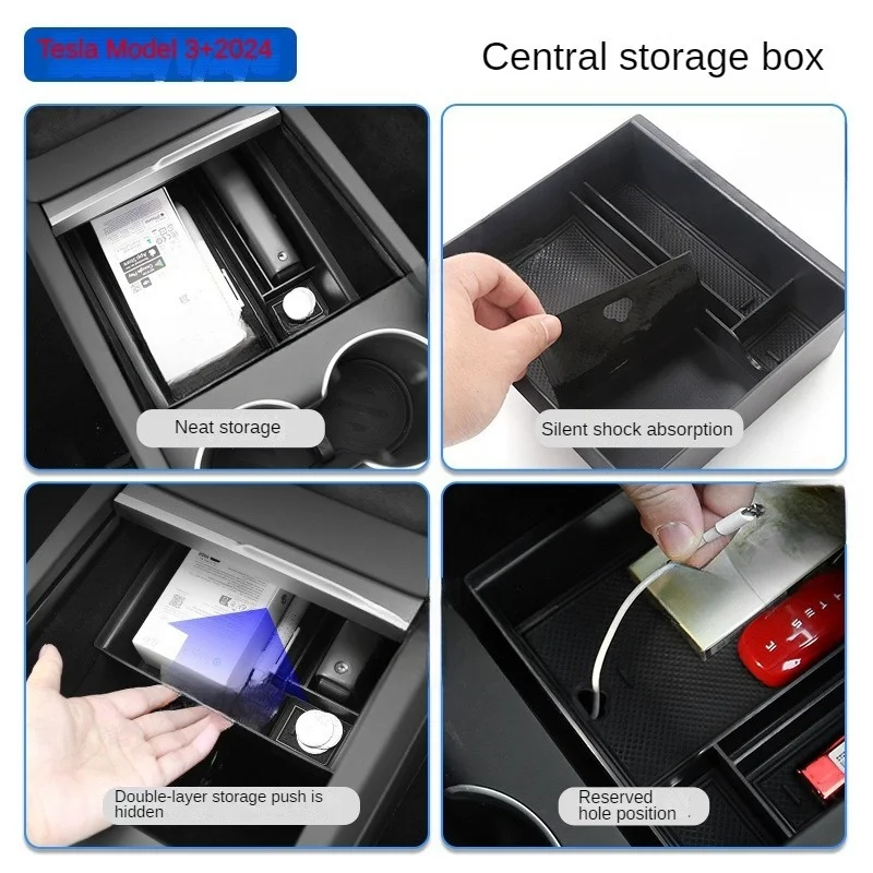 For Tesla Model 3 Highland 24 Center Console Front Storage Box Flocked Three-layer Storage Tray Storage Box Interior Accessories