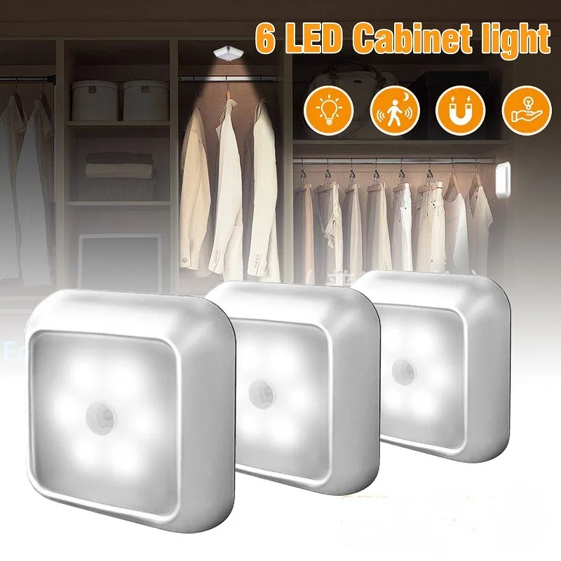 6 LED Motion Sensor Lights Indoor Stair Puck Light Cordless Step Night Light For Under Cabinet Hallway Stairway Closet Kitchen