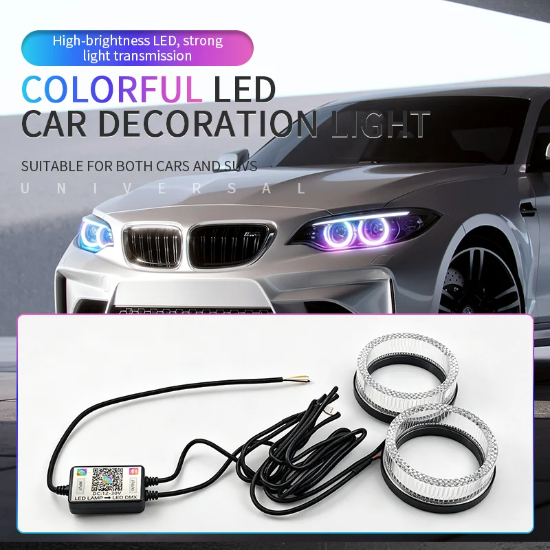 3‑Inch RGB LED Projector Lenses Headlight DRL Covers, LED Halo Rings 5D Crystal Angel Eyes Mask Equipped with APP‑Controlled Sig