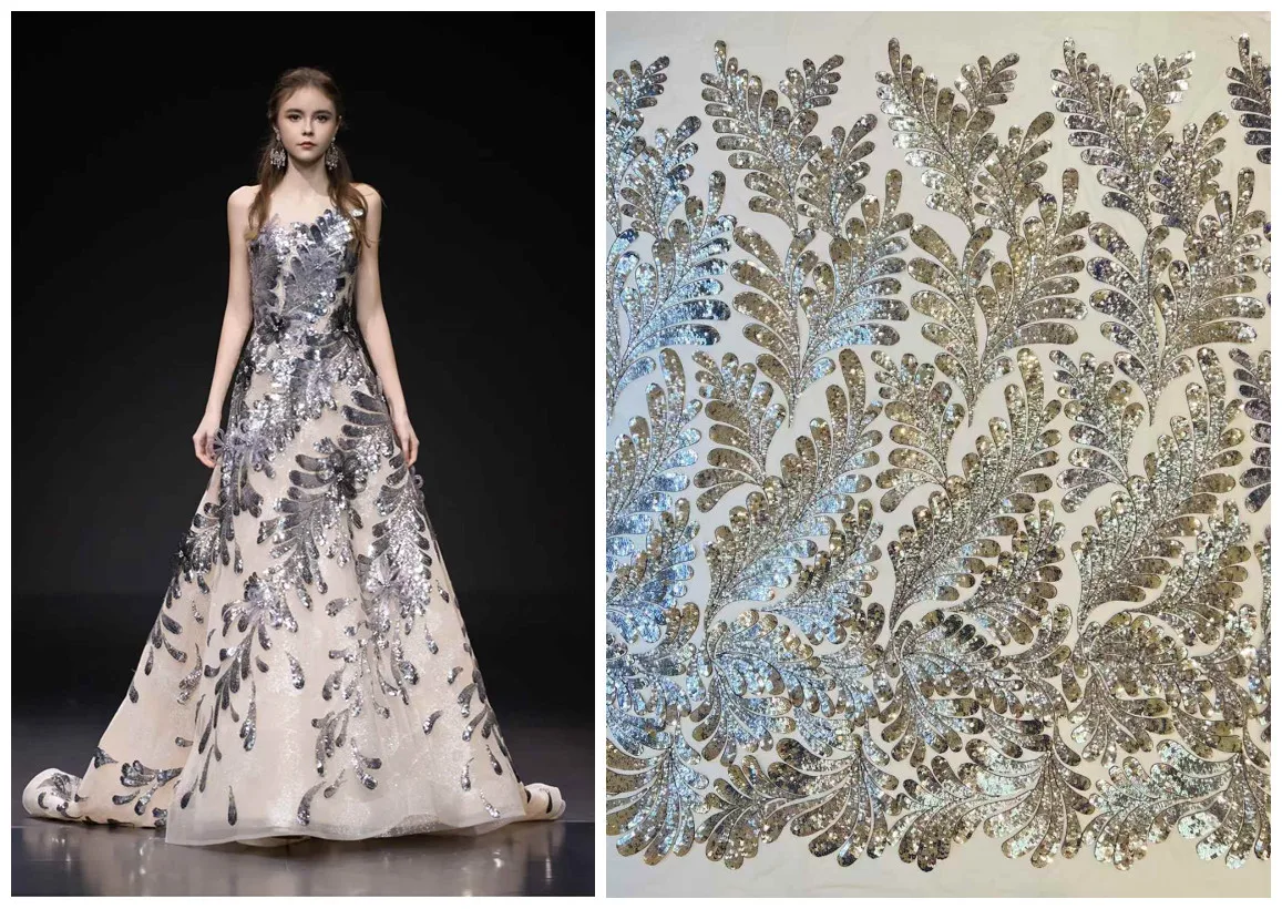 

Высококачественная африканская нигерийская элегантная серебряная ткань с вышивкой блестками, французская тюль, кружевная ткань с блестками для вечеринки, свадьбы