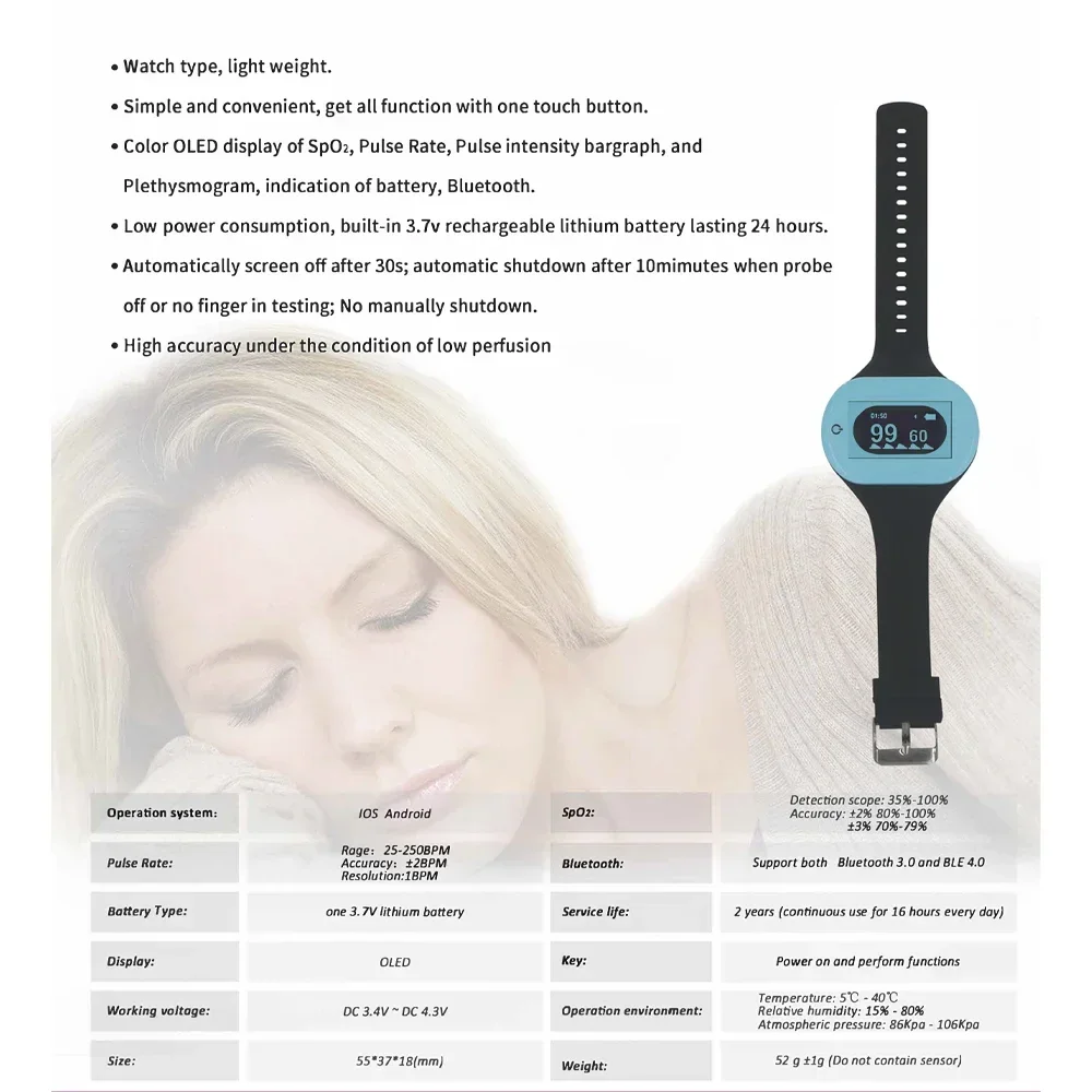 Wrist Pulse Oxygen Saturation Oximeter Monitor Bluetooth Oled Display Diagnosing Sleep Apnea Medical Health Care BM2000D